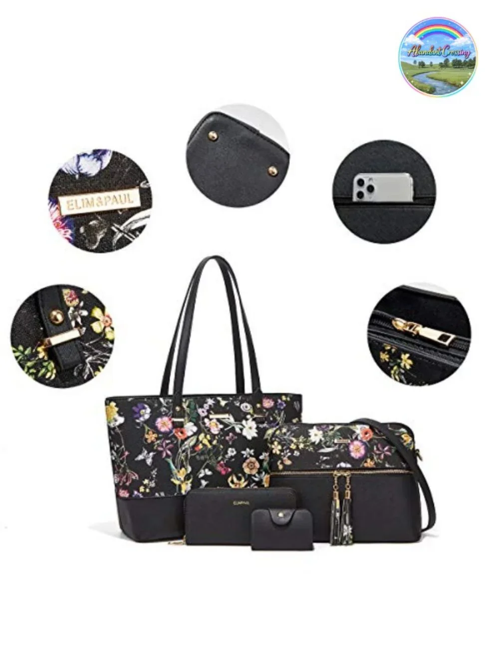Faux Leather Satchel Handbag Set with Tote, Messenger, Wallet & Card Holder - 4